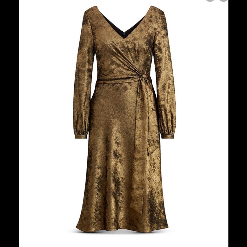 RALPH LAUREN sz 4 Faux-Wrap Sateen Dress In Gold WORN ONCE